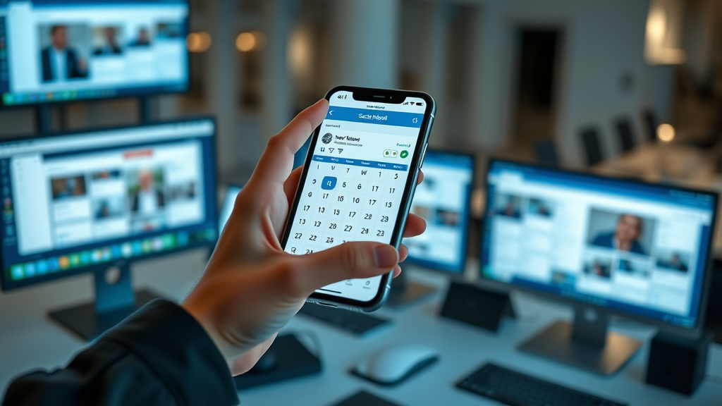 Professional managing social media content on calendar app, adapting strategies to each platform with content creation tips.