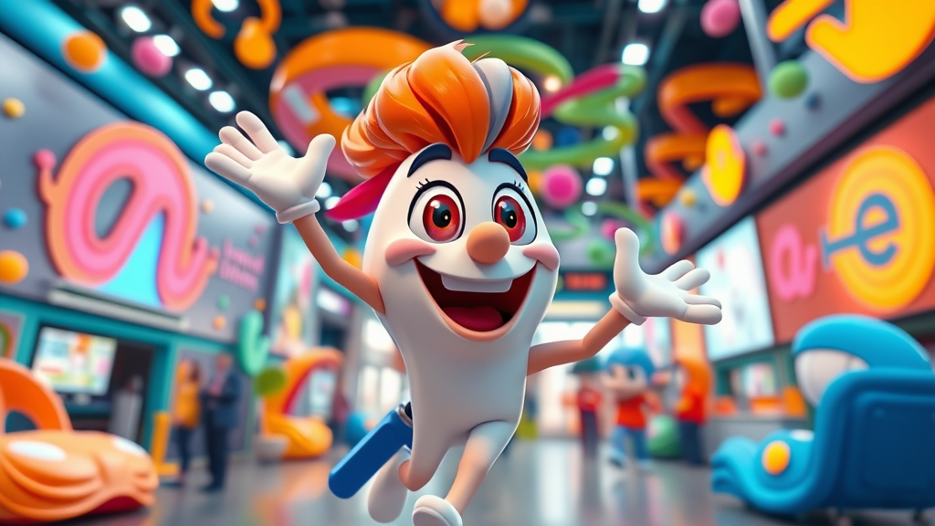Vivid motion graphics animation of brand mascot mid-motion in dynamic colorful brand environment