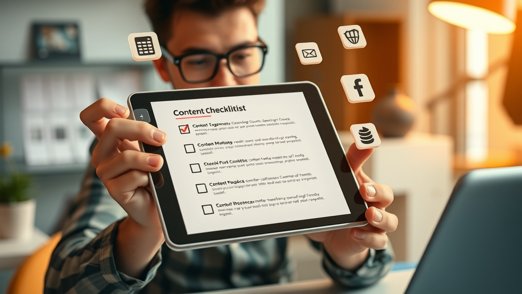 content marketing tools: engaging checklist with digital icons for must-have marketing tools