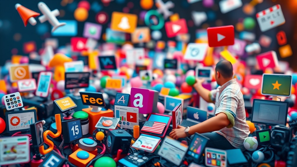 Colorful assortment of content types like blogs, videos, infographics, and podcasts, demonstrating diversity in media content for engagement.