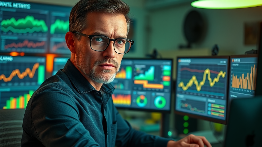 Marketer monitors content marketing metrics—traffic, engagement, ROI—for small businesses