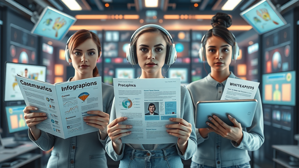 content marketing strategies: digital assets like case studies, podcasts, webinars and infographics
