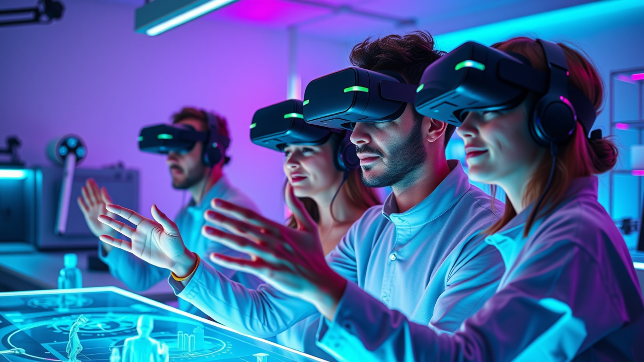 Futuristic marketing team experimenting with AR and VR for social media video marketing innovation