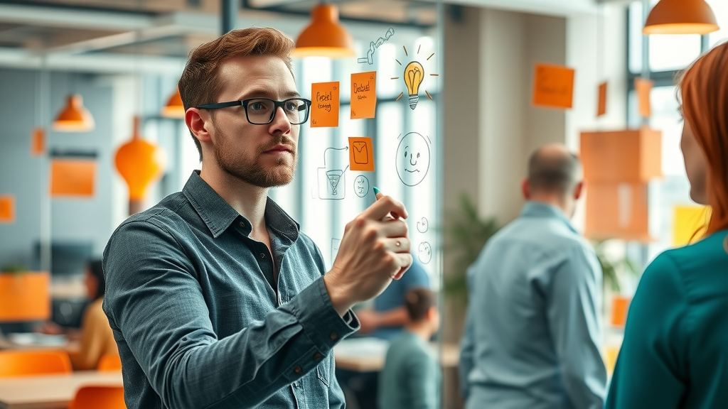 Generate ideas for content marketing for small businesses: marketer brainstorming on a glass board