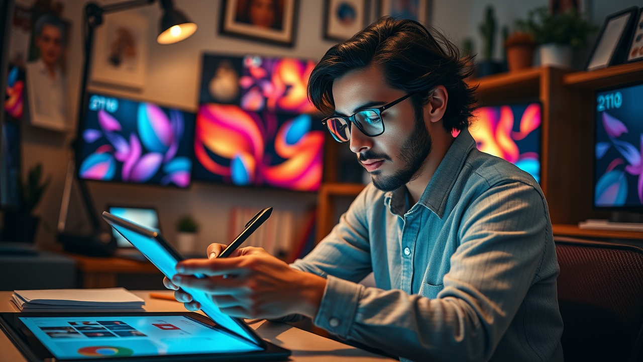 content marketing tools: marketer creating visual and blog content on digital tablet in cozy creative studio