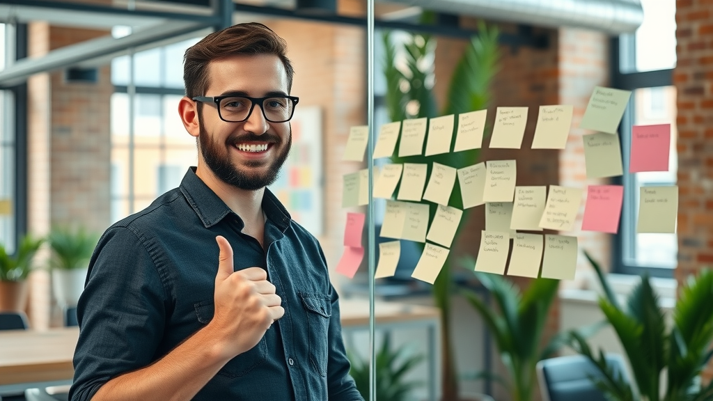 small business owner creating a video marketing plan with sticky notes in a startup workspace