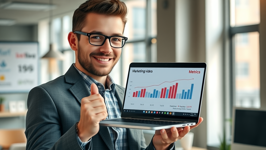 inspiring small business owner presenting laptop displaying small business video content metrics, modern office background