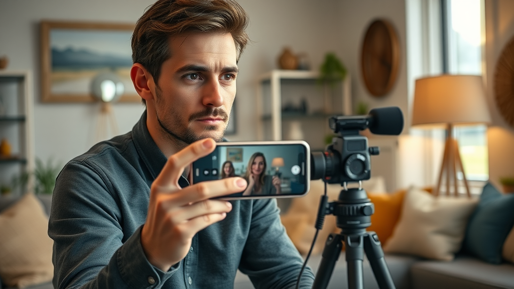 small business owner filming a marketing video at home with a creative budget setup