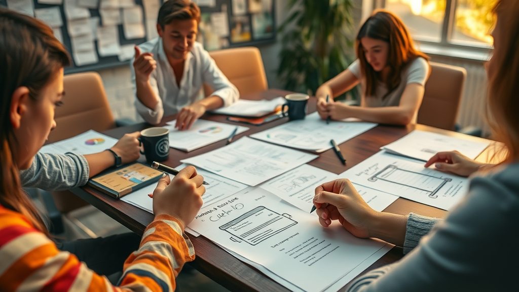 video marketing team sketching storyboards and scripts for small business campaigns