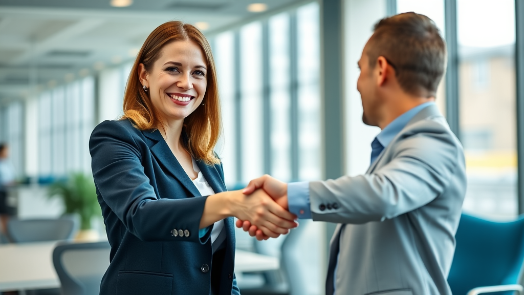 confident businesswoman shaking hands with client, building brand awareness and loyalty