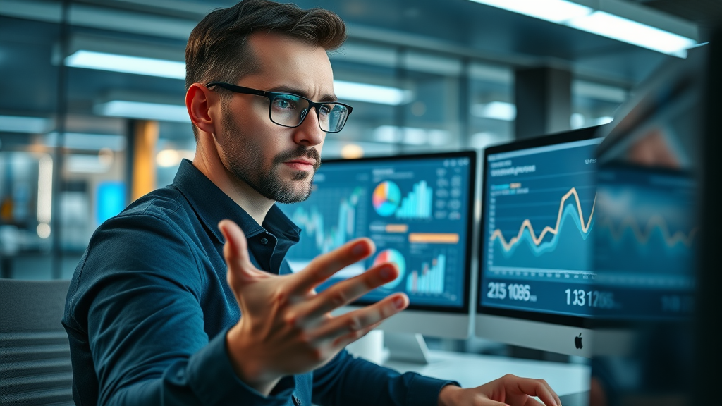 Professional marketer analyzing data dashboards for content strategy and audience research, supporting content creation tips.