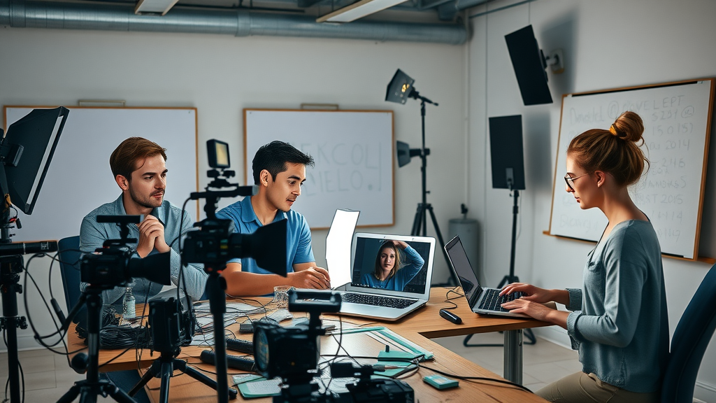 Video production team collaborating on high quality social media video marketing content in a modern studio