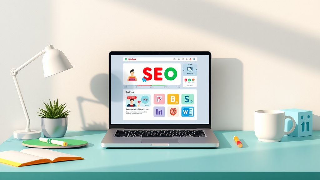 Desk with laptop showing video SEO tools and resources for small business owners, bright and colorful workspace