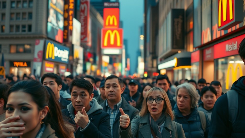 crowded city scene with people recognizing iconic brand logo, illustrating brand awareness