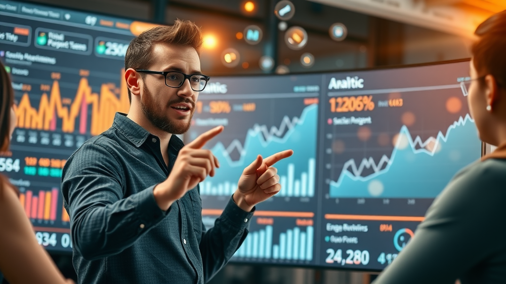 digital marketer explaining social media marketing analytics to team with a graph and digital metric icons