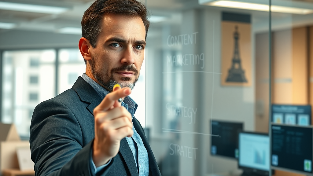 content marketing strategy: business owner mapping content plan on glass whiteboard with colored markers