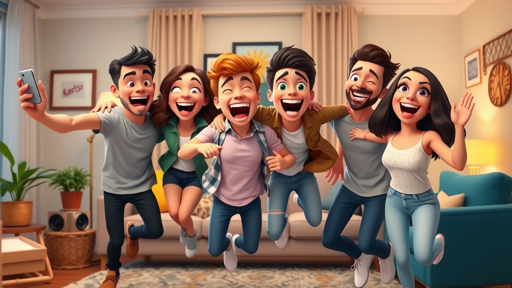 Animated group of young adults recording a viral short video challenge for social media platforms in a playful, colorful living room