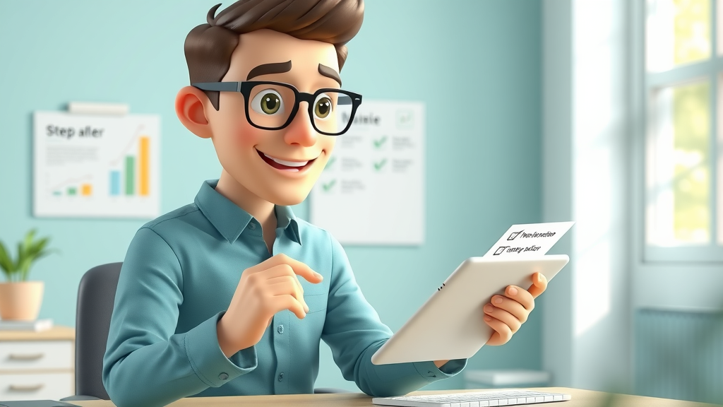 Modern marketer following a digital step-by-step guide, visual checklist for content creation tips.