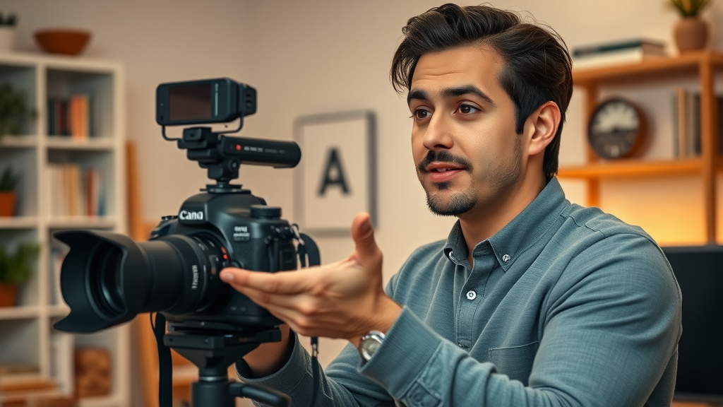 Professional creator recording an educational long form video for social media video marketing in a home office