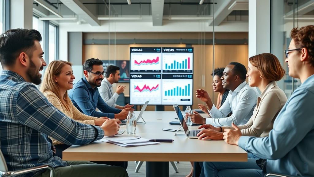 dynamic marketing meeting scene, diverse group of strategists sharing ideas about video advertising tips, modern office setting