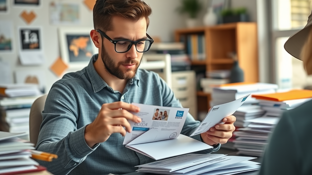 small business owner preparing direct mail campaign