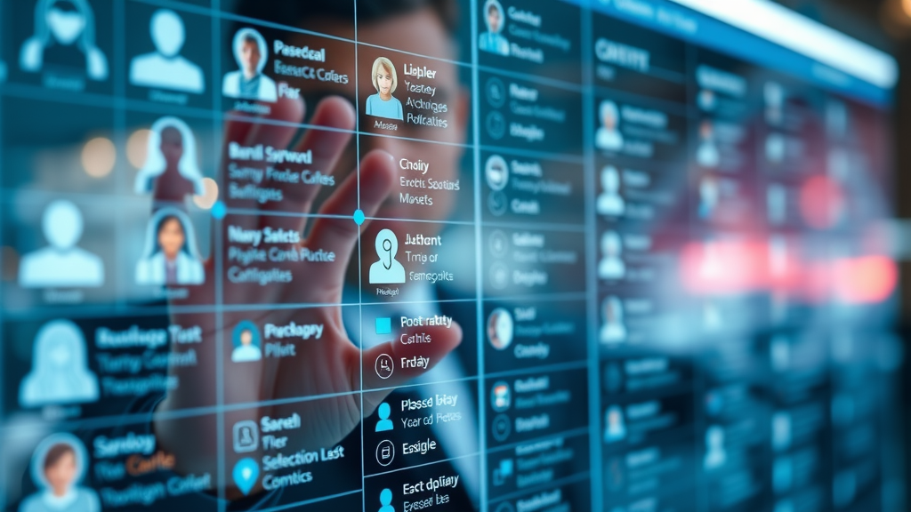 professional marketer managing organized digital email list contacts on futuristic touchscreen interface