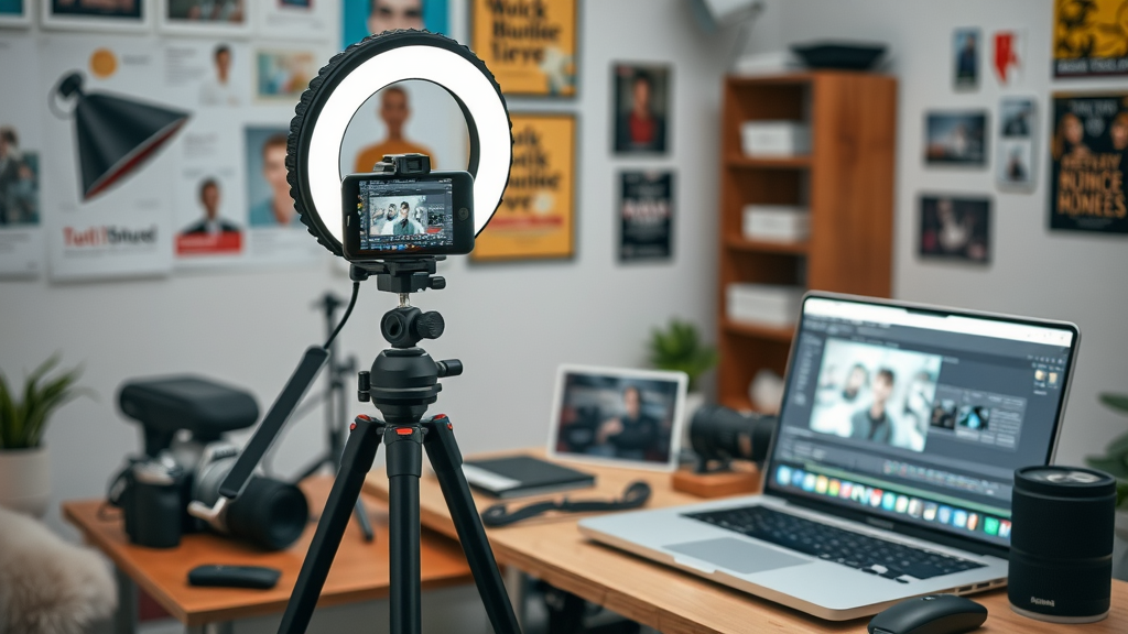 affordable video marketing workspace with smartphone, ring light, and editing software in a small business home studio