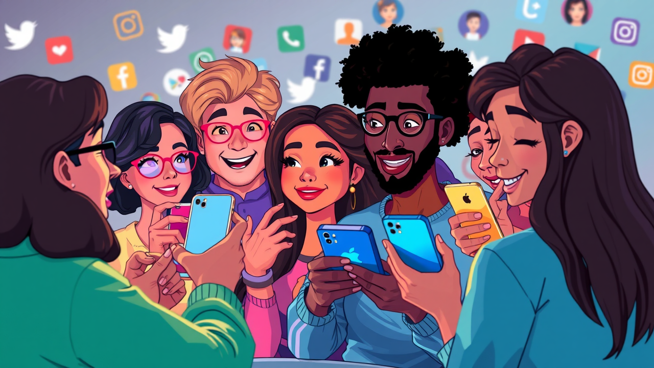 diverse social media audience watching video on smartphones, representing different demographics and personas