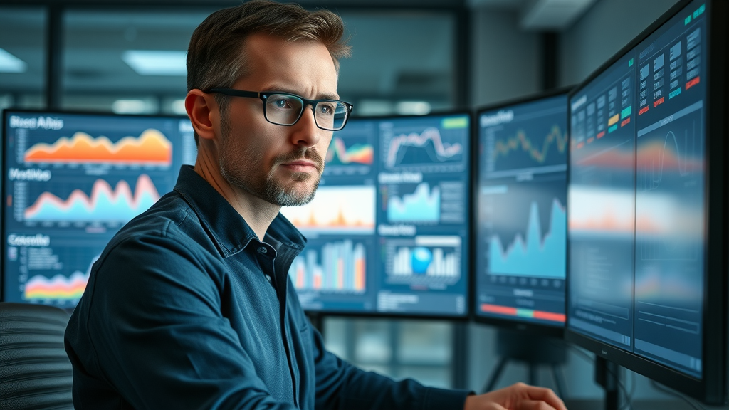 content marketing tools: professional analyst studying Google Analytics dashboards in high-tech office