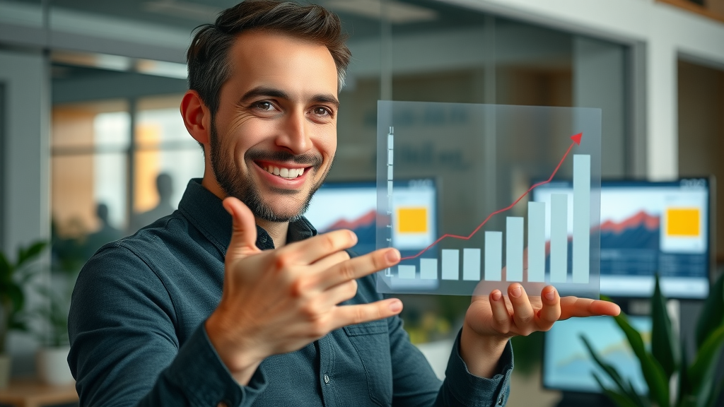 content marketing strategies: marketer presenting chart with upward growth in office setting