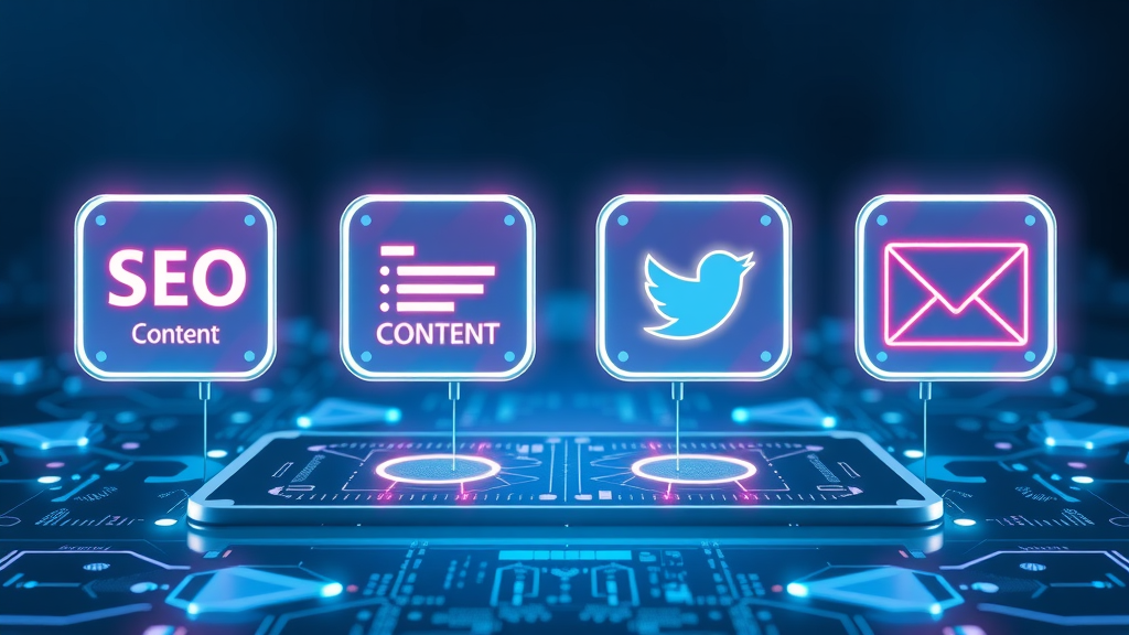 Icons representing SEO, content, social media, and email marketing for small businesses