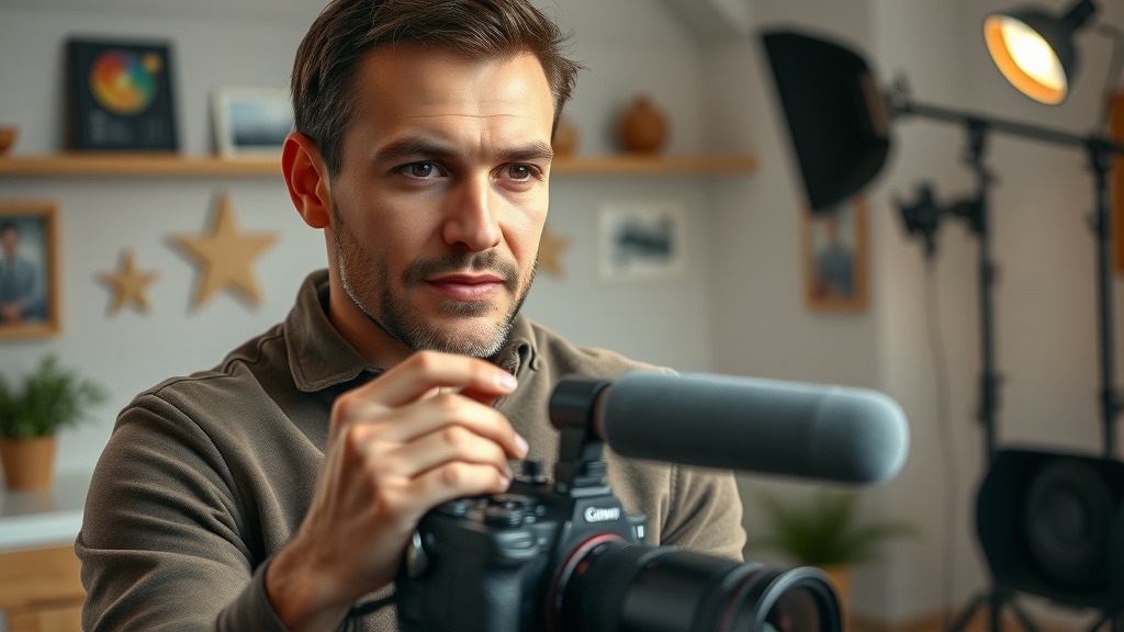 small business marketer prepping camera and microphone for recording professional quality video content
