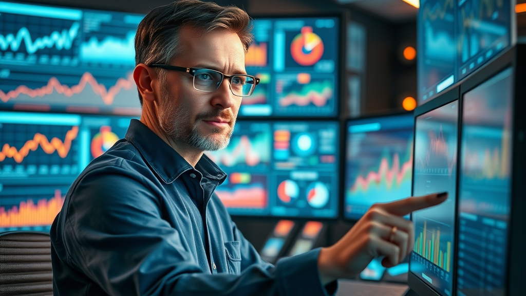 Focused data analyst evaluating social media video performance metrics on a high-tech dashboard in a futuristic workspace