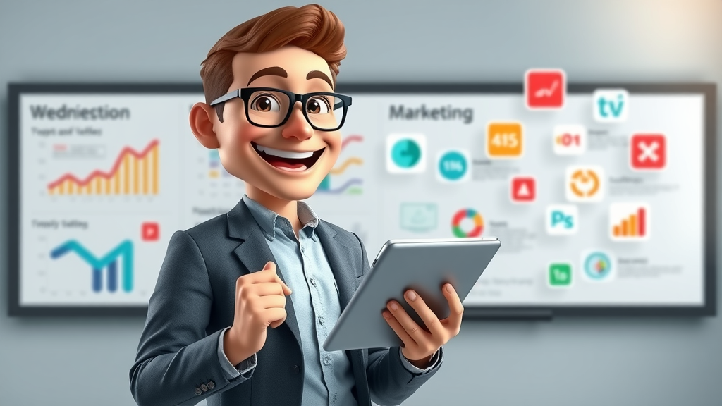 marketer presenting digital marketing channel icons statistics