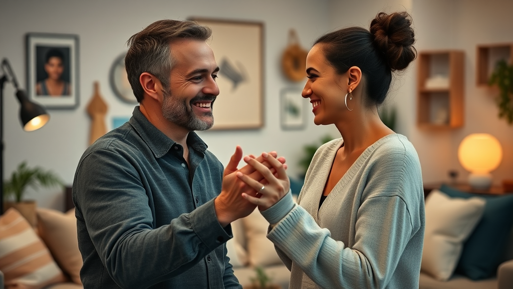 Heartfelt connection in brand story videos, actors emoting joy in cozy branded studio