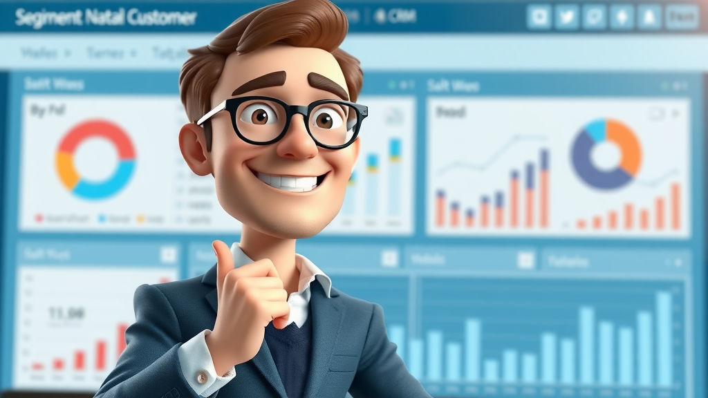 analytical marketer segmenting customer email list with CRM dashboard and digital analytics icons