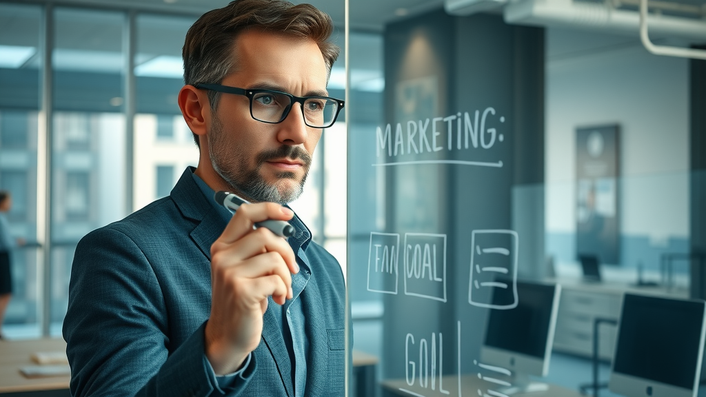 Focused marketing specialist mapping brand story video goals on a glass board with marker in modern office