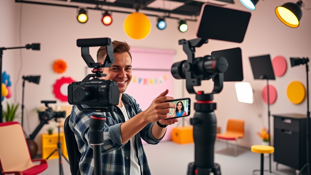 Vibrant influencer filming an engaging video with creative props, best practices in visual storytelling for social media content creation tips.