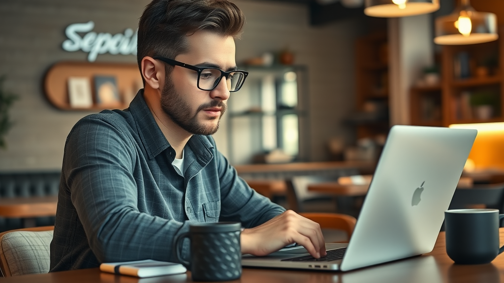 Entrepreneur conducting keyword research for video seo for small businesses on a laptop in a cozy coffee shop