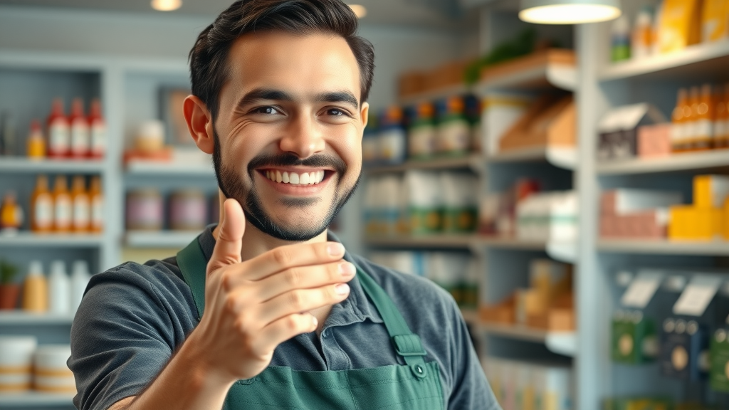 enthusiastic small business employee demonstrating product on camera for product demo video content in a store setting