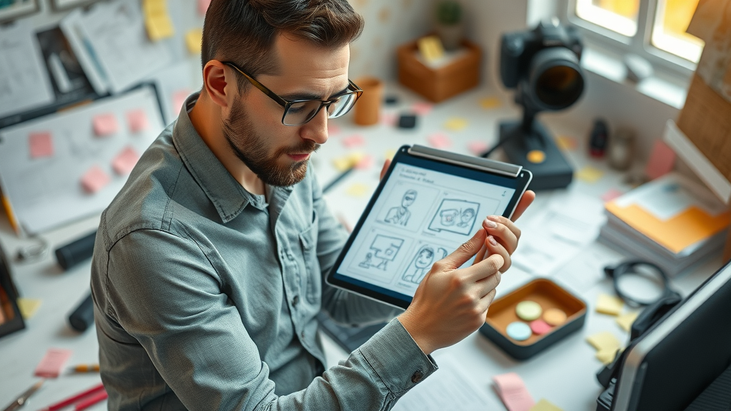 creative director storyboarding and scripting a video marketing campaign on a digital tablet