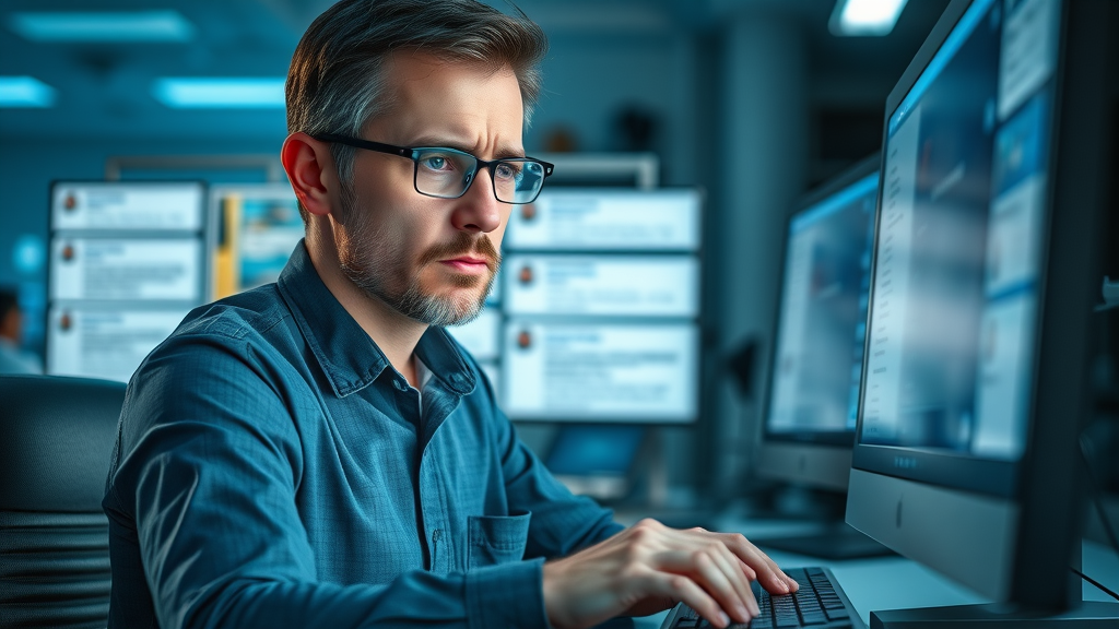 concerned marketing manager reading negative feedback, focused on customer service via social media