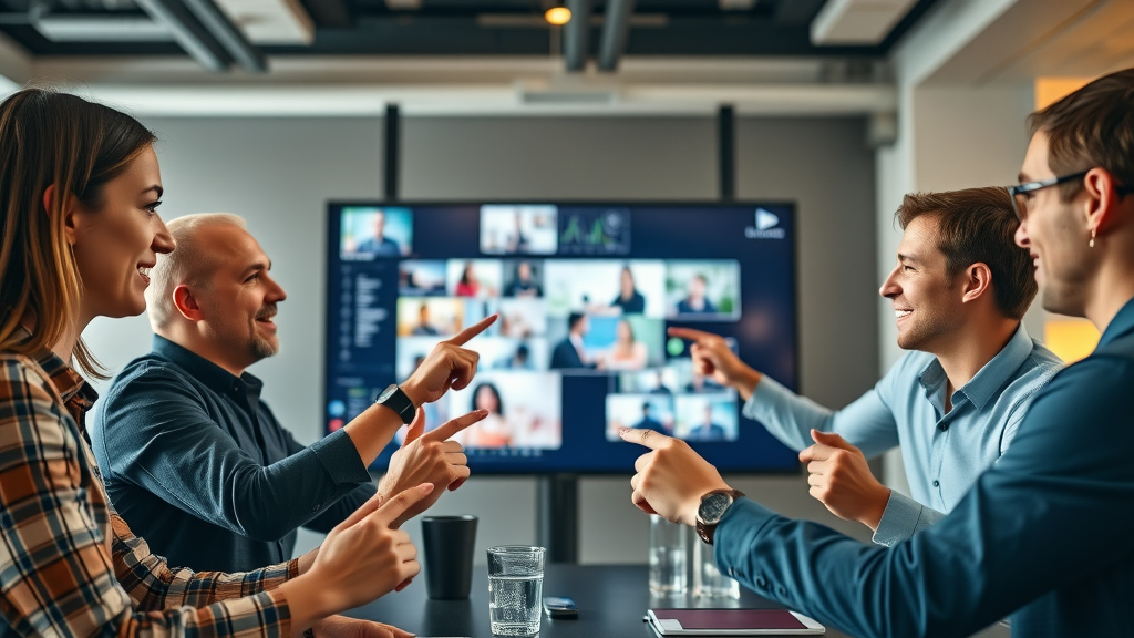 Business team collaborating on brand story video, excited brainstorming in digital workspace