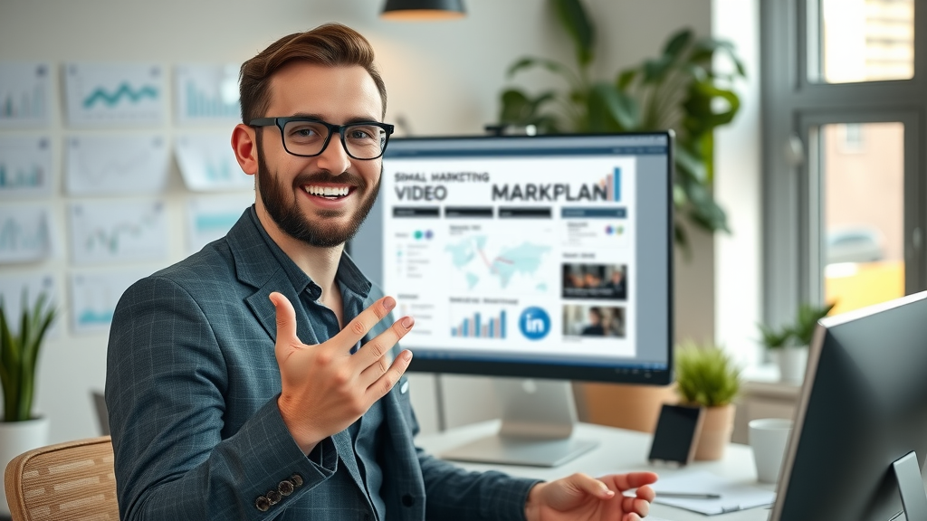 Small business owner presenting a video marketing plan for video seo for small businesses in a modern office with charts