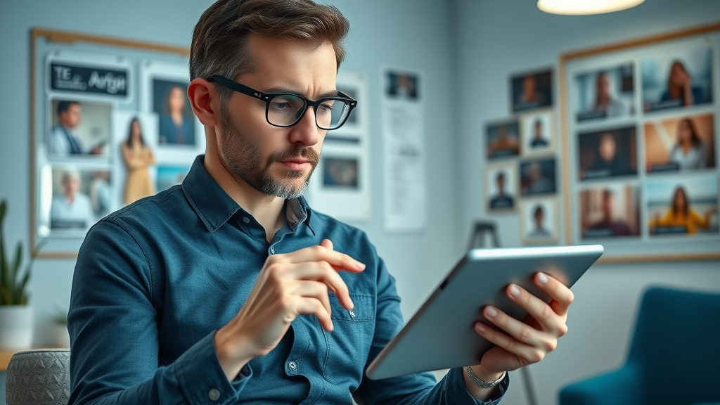 focused marketing professional analyzing target audience profiles for video advertising tips
