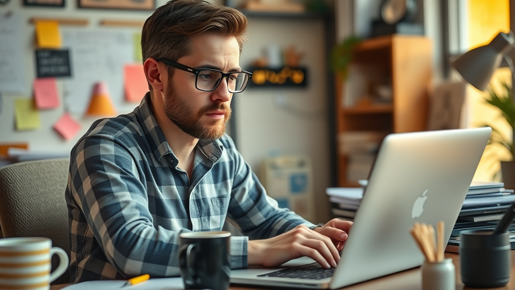 Small business owner focused on solving technical video seo issues in a cozy home office