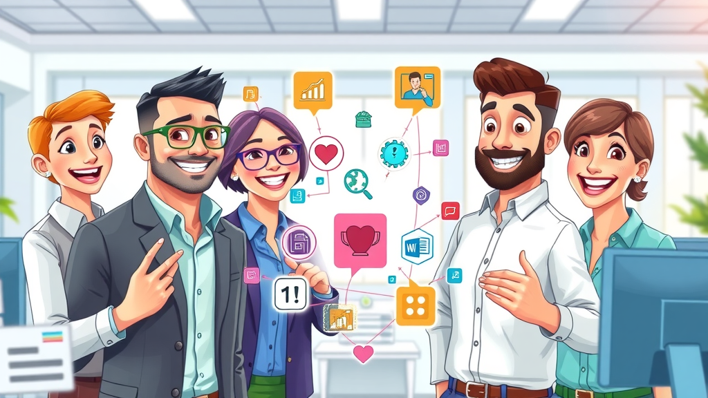 content marketing tools: infographic of entrepreneurs with digital icons showing content marketing solutions, bright workspace, digital screens