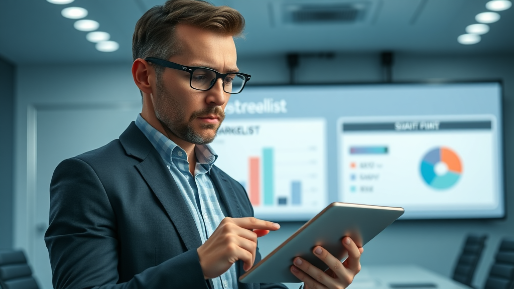 thoughtful executive reviewing list of social media marketing pitfalls in a modern digital boardroom