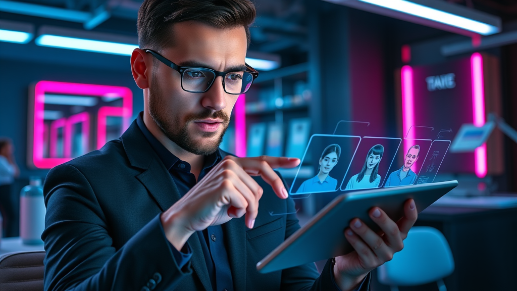 Marketer refining target audience personas for effective social media video marketing campaigns using a digital tablet