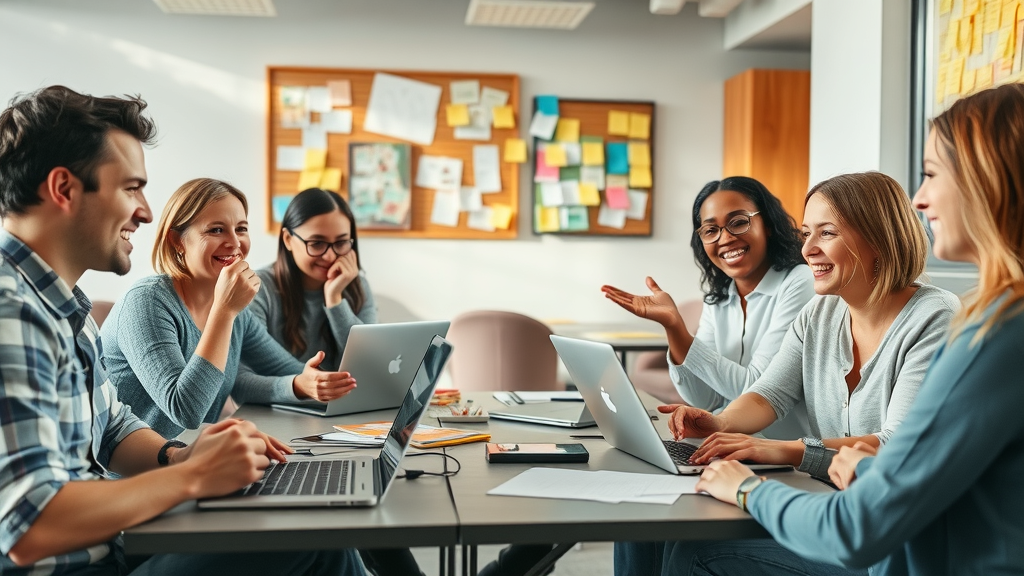 content idea generation: creative small team brainstorming with laptops, sticky notes, inspiration boards